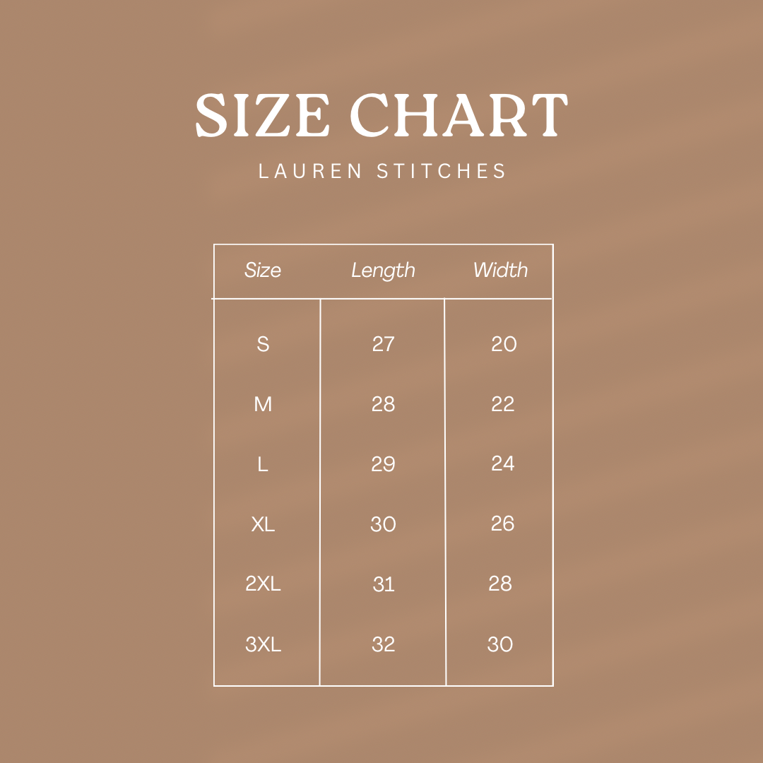 Lauren Stitches custom embroidered size chart